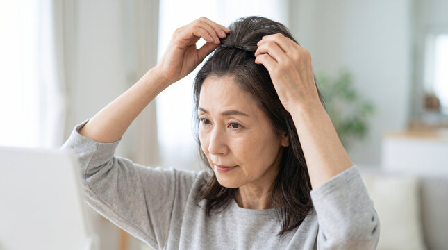頭頂部に部分ウィッグを装着するシニア女性