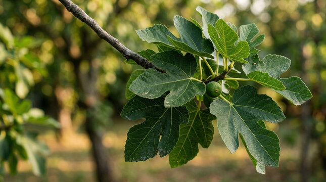 Close up of a fig tree branch with fresh green leaves and small unripe fruit outdoors in nature