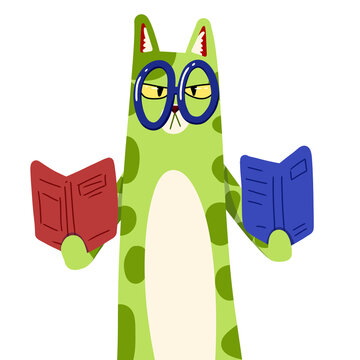 Illustration of a polcadot green cat wearing blue sunglasses and holding two books