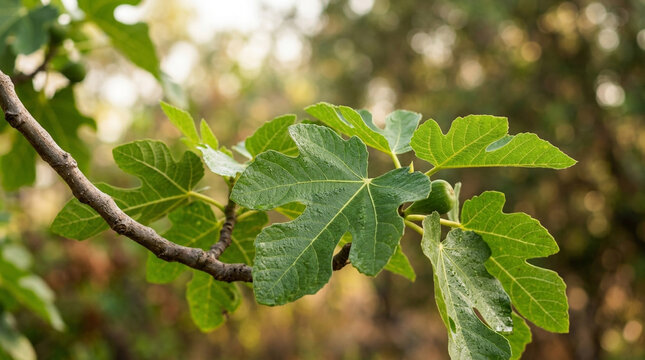 Close up of a fig tree branch with lush green leaves thriving in a natural outdoor environment during the day