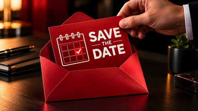 Hand extracting red 'SAVE THE DATE' card with calendar icon from open envelope, conveying important event reminders.