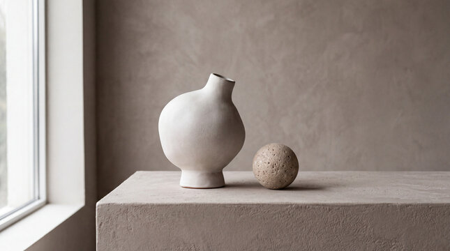 Sculptural Ceramic Vessel and Stone Sphere on Neutral Plinth