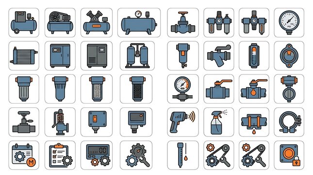 Industrial equipment icon set featuring compressors valves gauges filters and tools in flat vector style