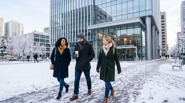Coworkers crossing a snowy office plaza
