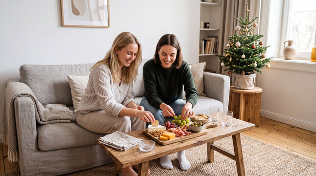 Roommates preparing a New Year 2027 snack table beside a small tree