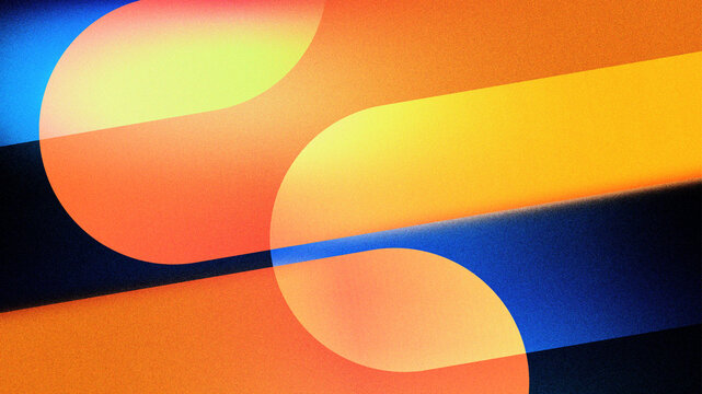 Illustration gradient colorful background with orange shapes decoration and gradient blue background. Grainy or noisy background. Unique and modern abstract background concept.