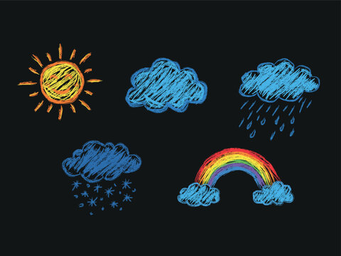 Hand drawn crayon weather set with sun clouds rain rainbow and snow in childish chalk doodle style