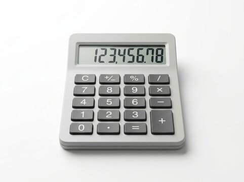 Gray handheld calculator displaying number 12345678 on white background