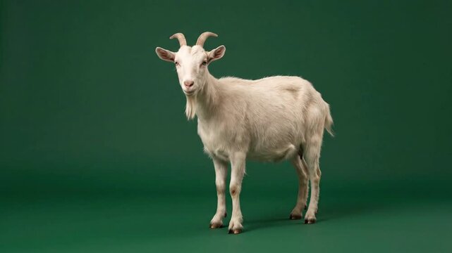 Portrait of a beautiful white goat standing against a dark green background