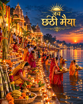 Devotees performing evening rituals at the river bank during chhath puja festival with religious traditional ritual indian tradition sunset light water hindu floating lam