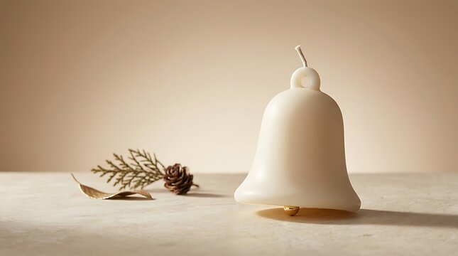 Minimalist white bell shaped candle with a small pine cone on a clean beige table surface
