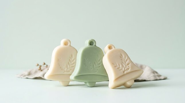 Three bell shaped handmade soap bars with leaf patterns in soft pastel colors on a table