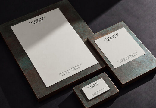 Stationery Branding Mockup Set With Letterhead Business Card On Dark Background