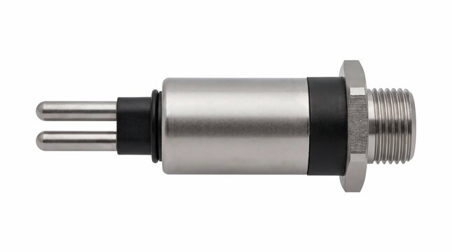 Stainless steel industrial sensor component with threaded fitting and metallic probes isolated on white background