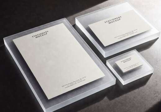 Stationery Branding Mockup Set With Letterhead Business Card On Matte Glass Background