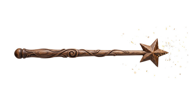 Wooden Magic Wand with Carved Star Tip and Golden Sparks on White Background