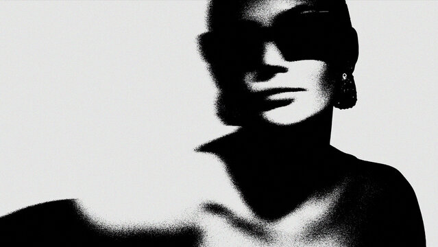 Elusive woman appearing through high contrast photocopy distortion in monochrome portrait. Identity, perception, contemporary culture concept.