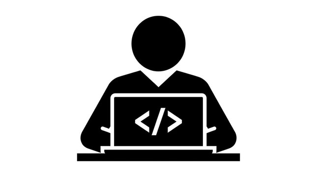 Black silhouette icon of a software developer working on a laptop