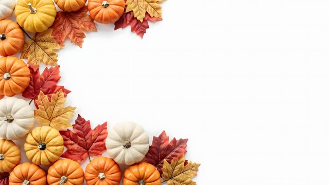 Mini pumpkins and autumn leaves decorative arrangement on white background