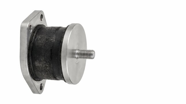 Rubber mount vibration isolator with metal flange and threaded stud isolated on white background