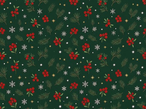 Seamless Christmas pattern with holly berries pine branches and snowflakes.