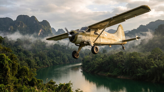 Small Propeller Aircraft Flying Above a Tropical Rainforest River