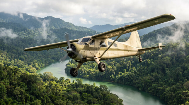 Light Aircraft Following a Winding River Through Rainforest