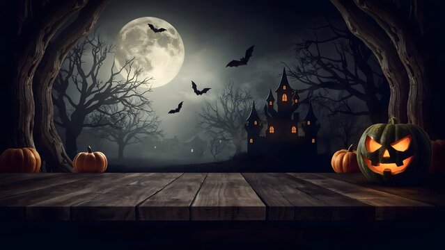 Halloween spooky scene with haunted castle bats pumpkins and full moon on dark forest background