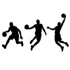 Basketball player silhouettes set, black athletic figures dribbling and dunking, professional basketball sports vector icons on white background © Farooq