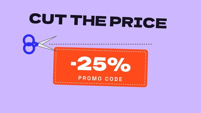 Cut the Price Promo Code animated typography with scissors and coupon on colorful background, Black Friday sale seamless loop