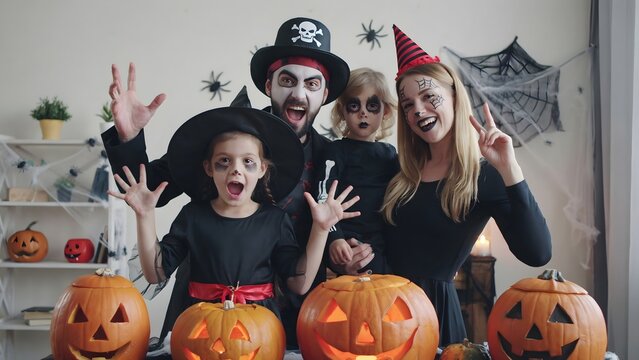 Family dressed Halloween costumes posing with carved pumpkins and props in living room