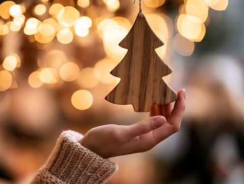 Hand holding wooden Christmas tree ornament on blurred festive lights background