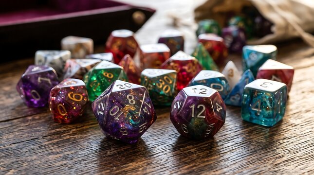 Collection of colorful polyhedral RPG dice spread on wooden table closeup