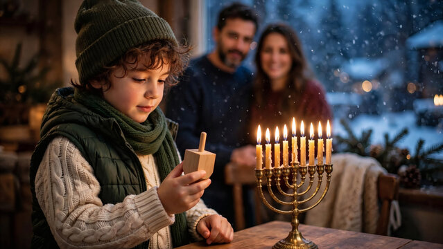 Child lighting Hanukkah menorah indoors