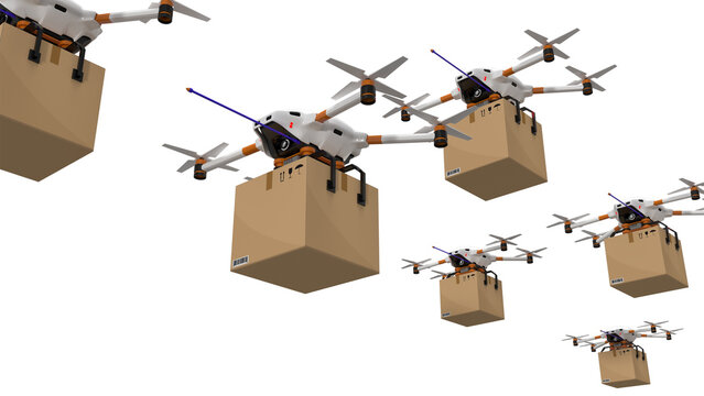 Fleet of autonomous delivery drones carrying cardboard parcel boxes