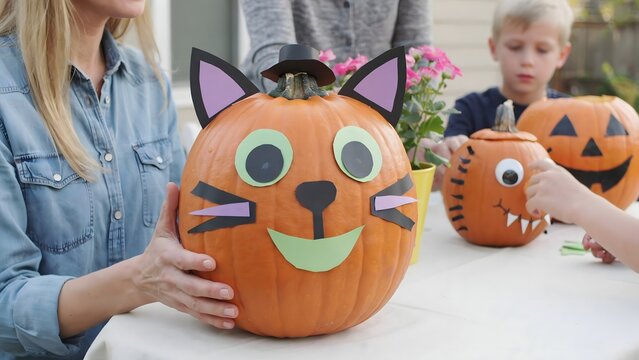 Decorated pumpkin cat craft with children painting on table during Halloween