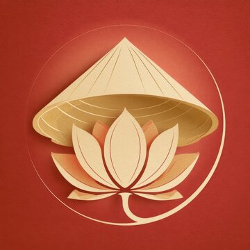 traditional Asian conical hat and lotus flower paper cut art composition isolated on textured red background minimalist cultural graphic icon elegant oriental symbol illustration concept design
