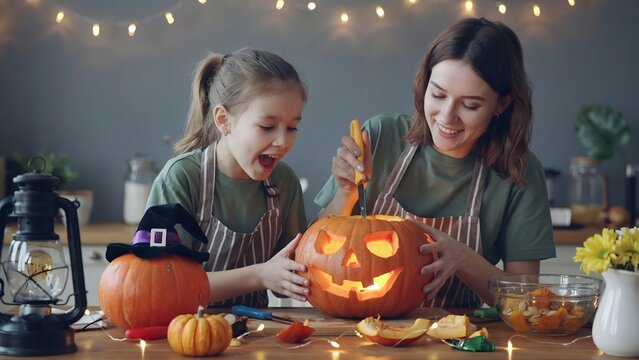 Mother and daughter carving a large pumpkin with a spooky face for Halloween celebration on a decorated table