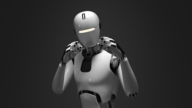 White humanoid robot holding both hands to its head in deep thought