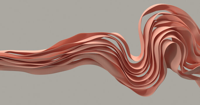 Abstract flowing coral silk fabric ribbons creating dynamic wavy curves