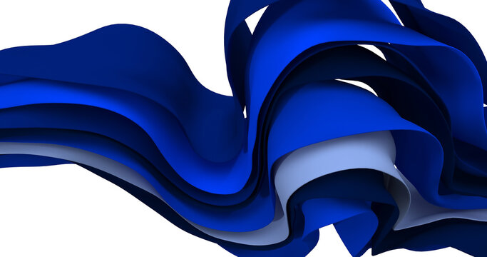 Abstract flowing blue silk fabric layers with dynamic wavy curves