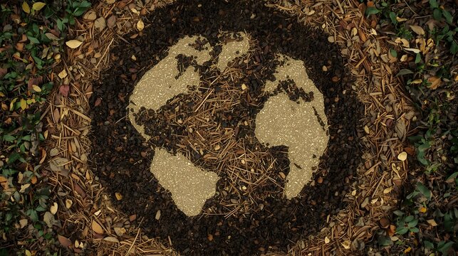 Earth map shape created from organic soil and compost surrounded by mulch representing ecology and global sustainability