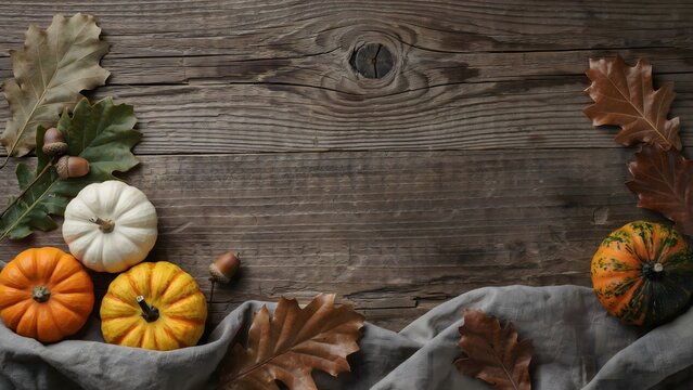Pumpkins gourds autumn leaves cinnamon sticks rustic decor on wooden background