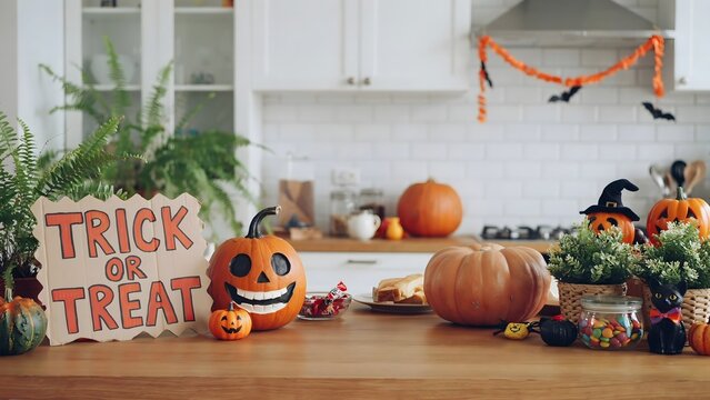 Trick or Treat sign with carved pumpkins and Halloween treats on wooden kitchen counter