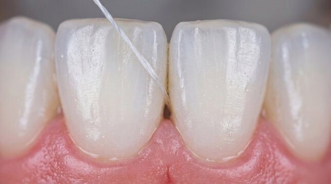 Dental floss cleaning between teeth, illustrating daily oral hygiene, preventive dentistry, gum health, and consumer wellness for dental care campaigns and healthy smile education