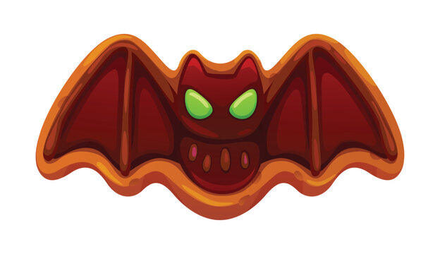 Cartoon Halloween spooky bat sweet candy. Vector cookie vampire bat with glowing green eyes and rich chocolate icing glaze. Fun Halloween dessert for seasonal celebration with playful sweet decoration