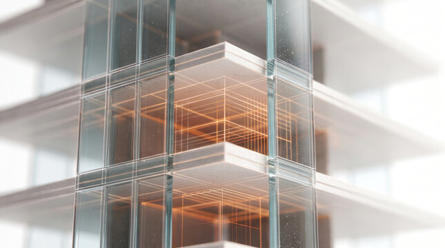 Smart building architecture integrating a transparent glass facade with glowing digital wireframes, illustrating BIM, digital twin technology, and connected infrastructure for urban planning
