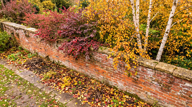 Autumn foliage bordering a brick garden wall, with golden birch leaves, burgundy shrubs, and a leaf strewn path creating a serene landscape for estate and hospitality branding