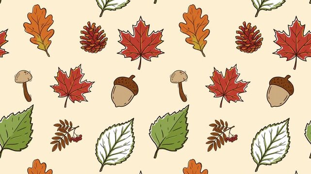 Seamless scrolling background animation of hand drawn autumn leaves and pinecone