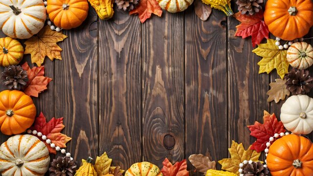 Mini pumpkins autumn leaves decorative border on rustic wooden background